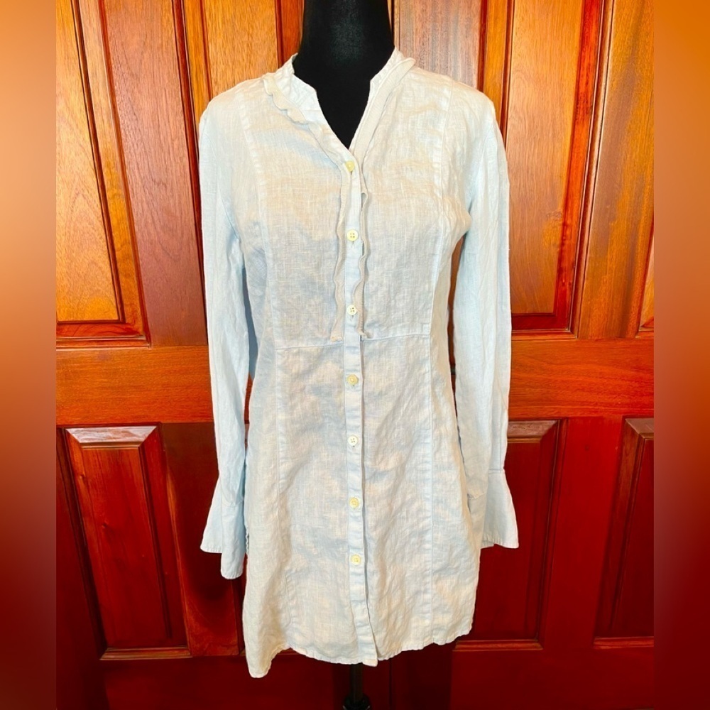 J. Jill 100% Linen Ice Baby Blue Ruffle Trim shirt Tunic Pin-tucked Sz XS